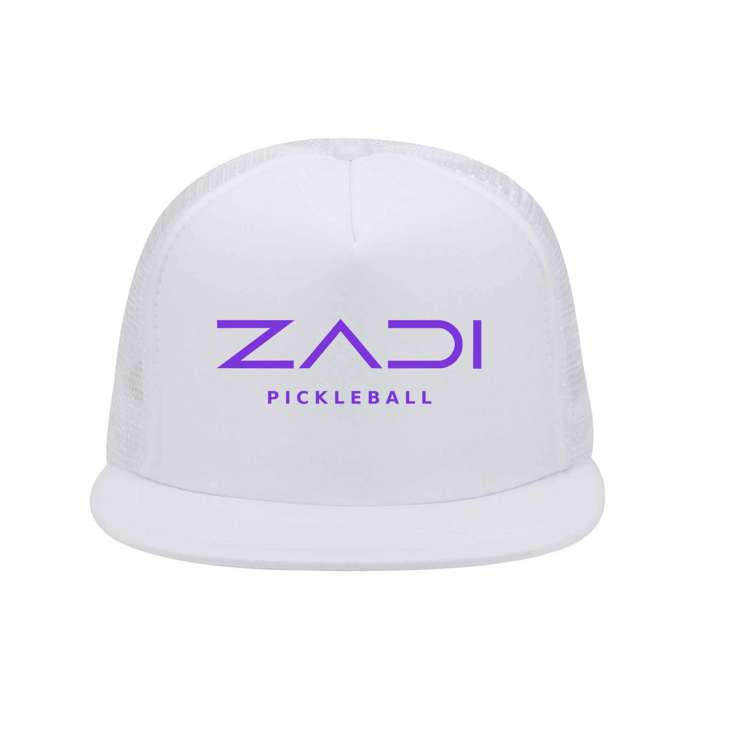 A white trucker-style cap with a flat brim and white mesh back, featuring the brand name 'ZADI' and 'PICKLEBALL' printed in purple on the front.