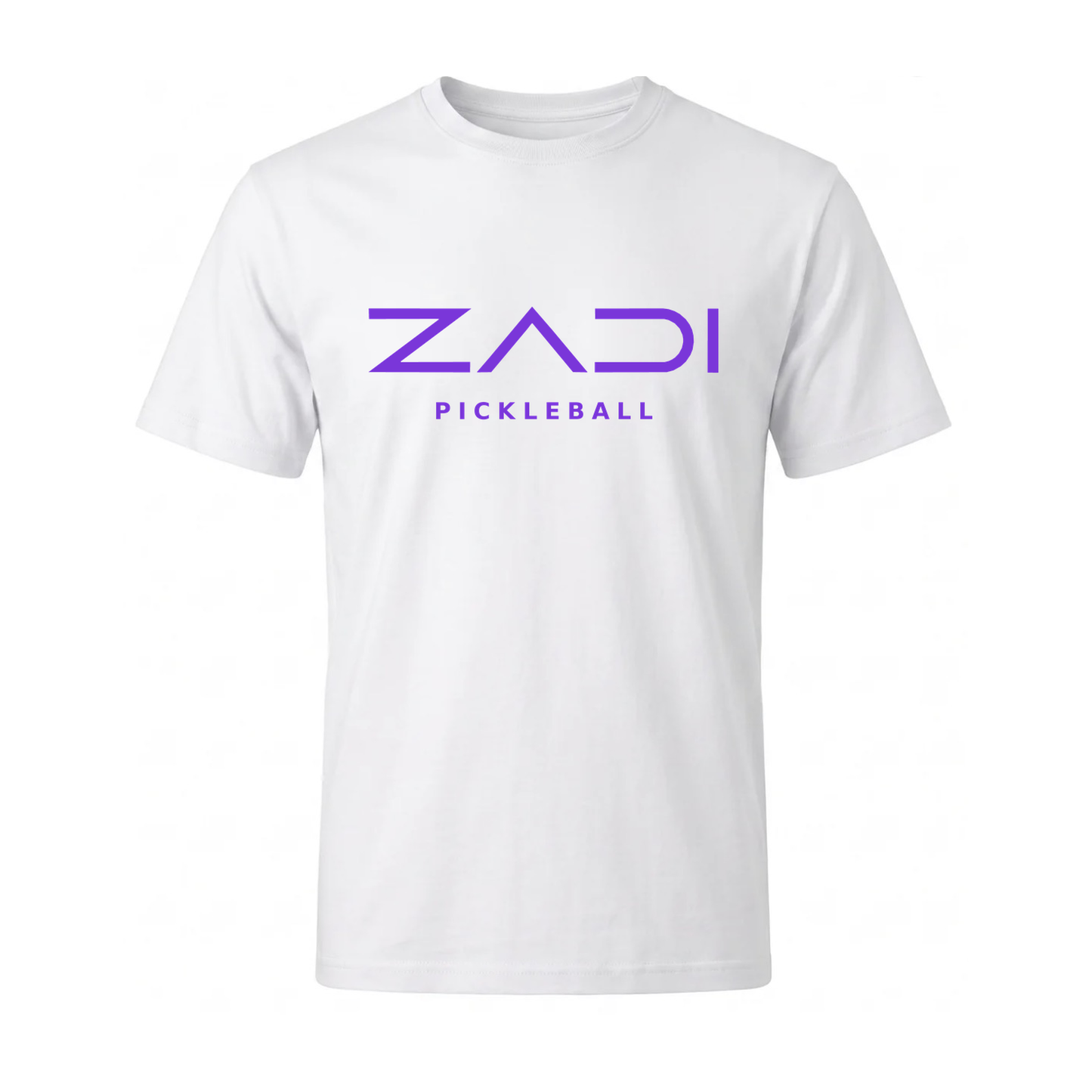 A white short-sleeve crewneck t-shirt featuring the purple text 'ZADI PICKLEBALL' printed across the chest, displayed on a clean white background.
