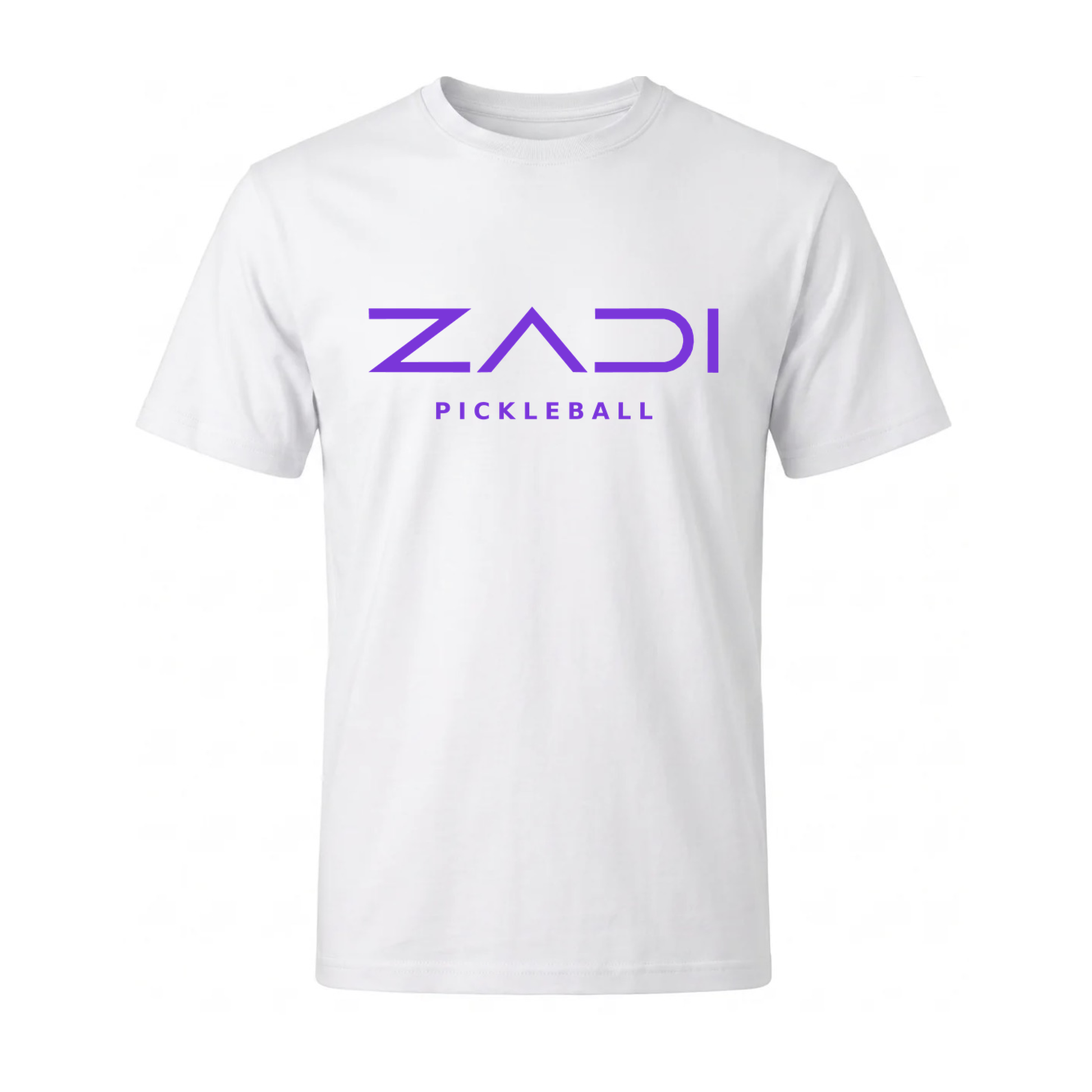 A white short-sleeve crewneck t-shirt featuring the purple text 'ZADI PICKLEBALL' printed across the chest, displayed on a clean white background.