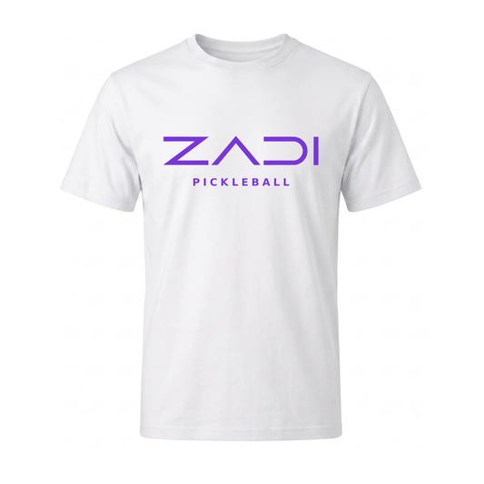 A white short-sleeve crewneck t-shirt featuring the purple text 'ZADI PICKLEBALL' printed across the chest, displayed on a clean white background.