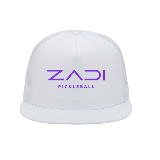 A white trucker-style cap with a flat brim and white mesh back, featuring the brand name 'ZADI' and 'PICKLEBALL' printed in purple on the front.
